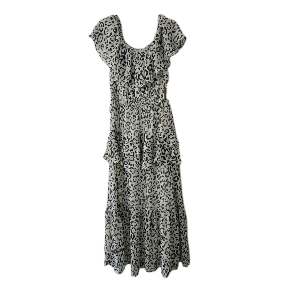Wild Muse Leopard Midi Dress Ruffle Tiered Smocked Waist Taylor White Black Sz 8